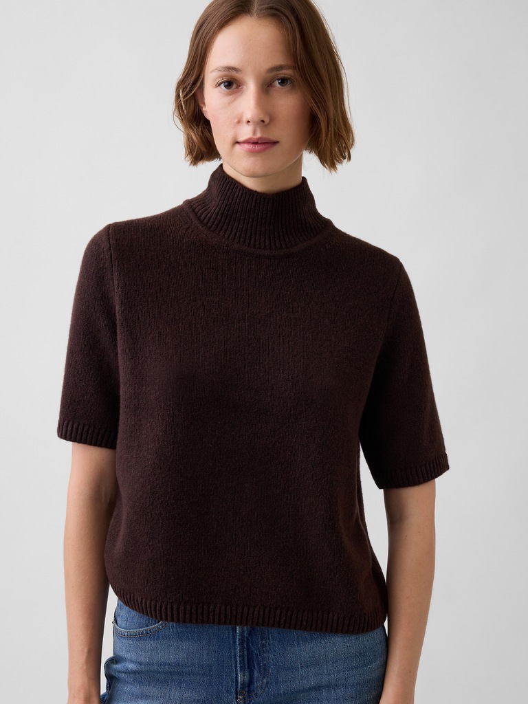 CashSoft Mockneck Elbow-Sleeve Sweater