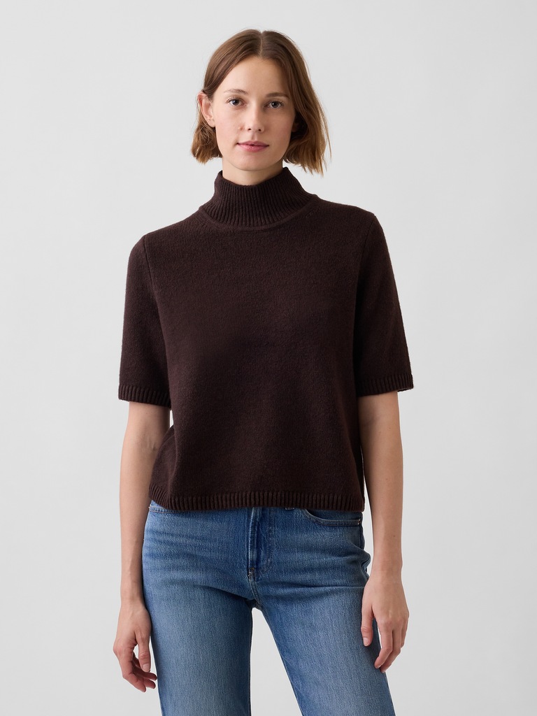 CashSoft Mockneck Elbow-Sleeve Sweater