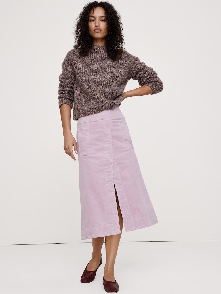 Corduroy Asymmetrical-Slit Midi Skirt