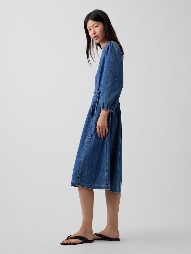 Denim Tie-Belt Midi Dress