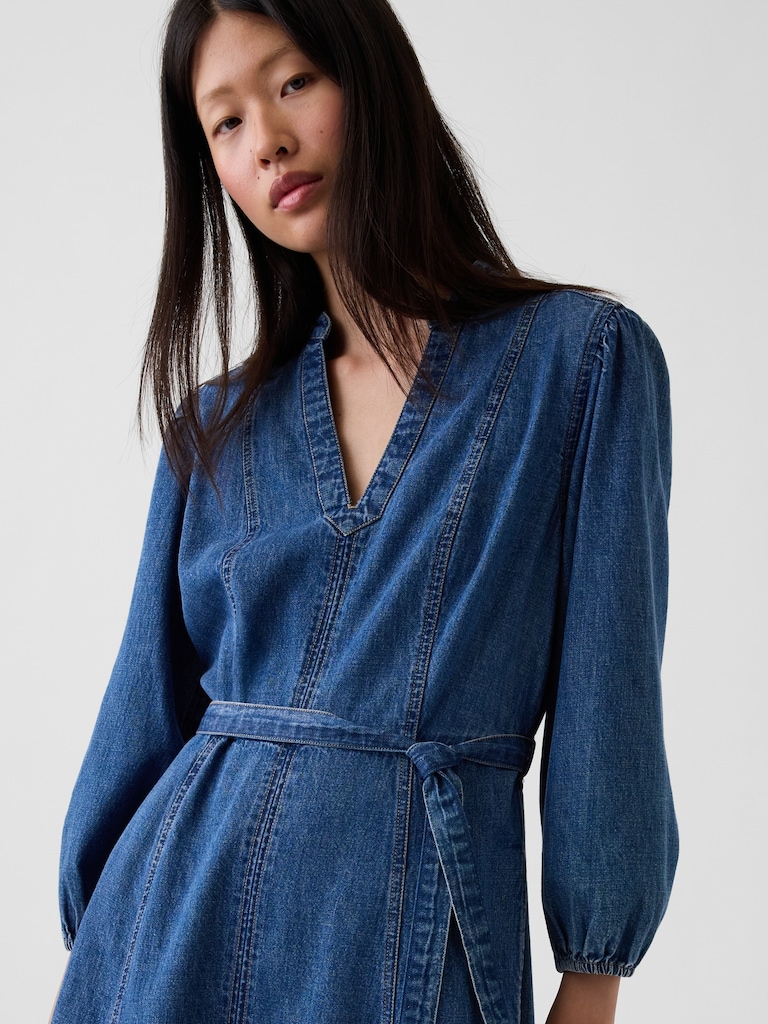 Denim Tie-Belt Midi Dress