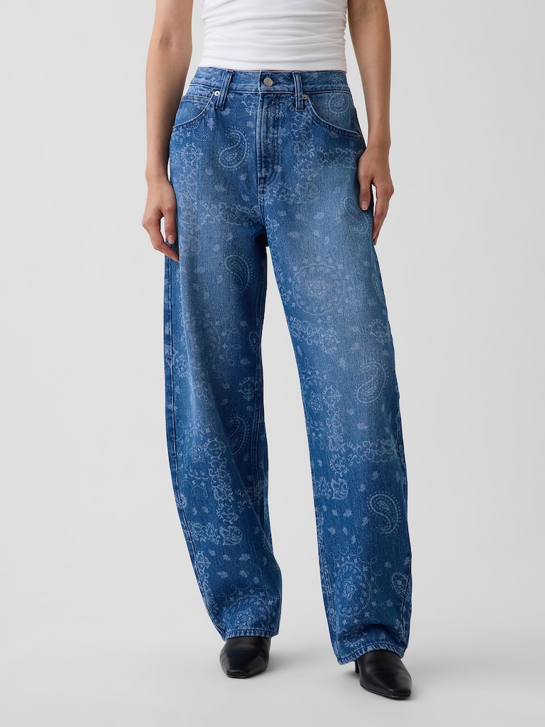 High Rise Bandana Print Barrel Jeans