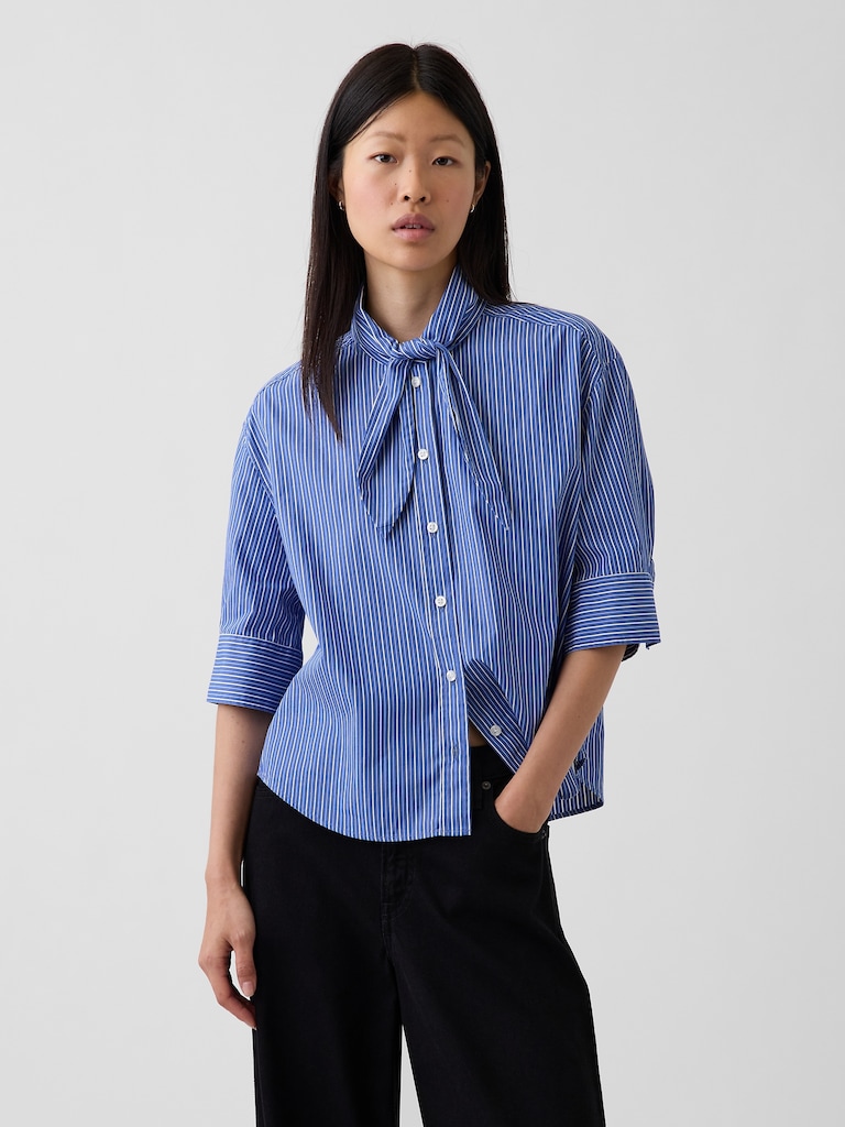 Organic Cotton Poplin Tie-Neck Shirt