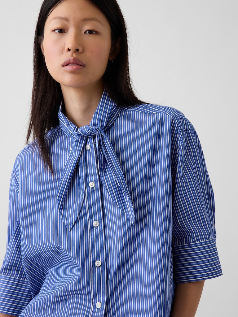 Organic Cotton Poplin Tie-Neck Shirt
