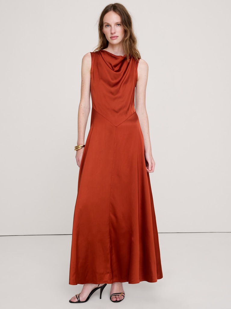 Stretch-Satin Cowl-Neck Maxi Dress
