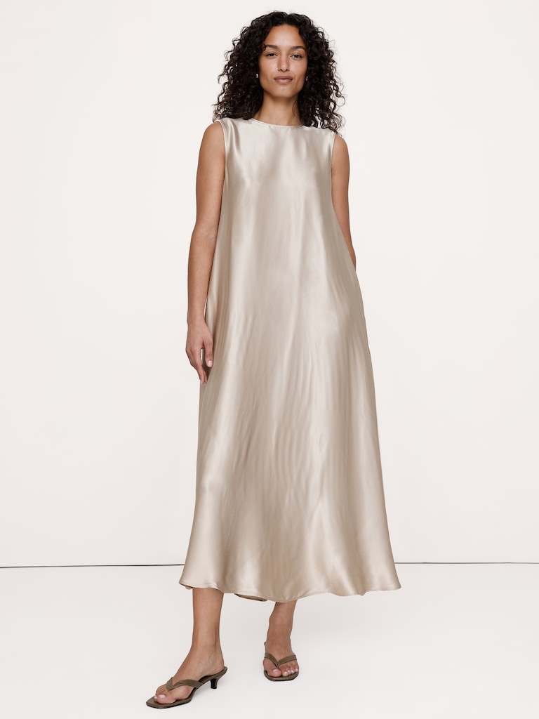 Italian Satin Sleeveless Trapeze Dress