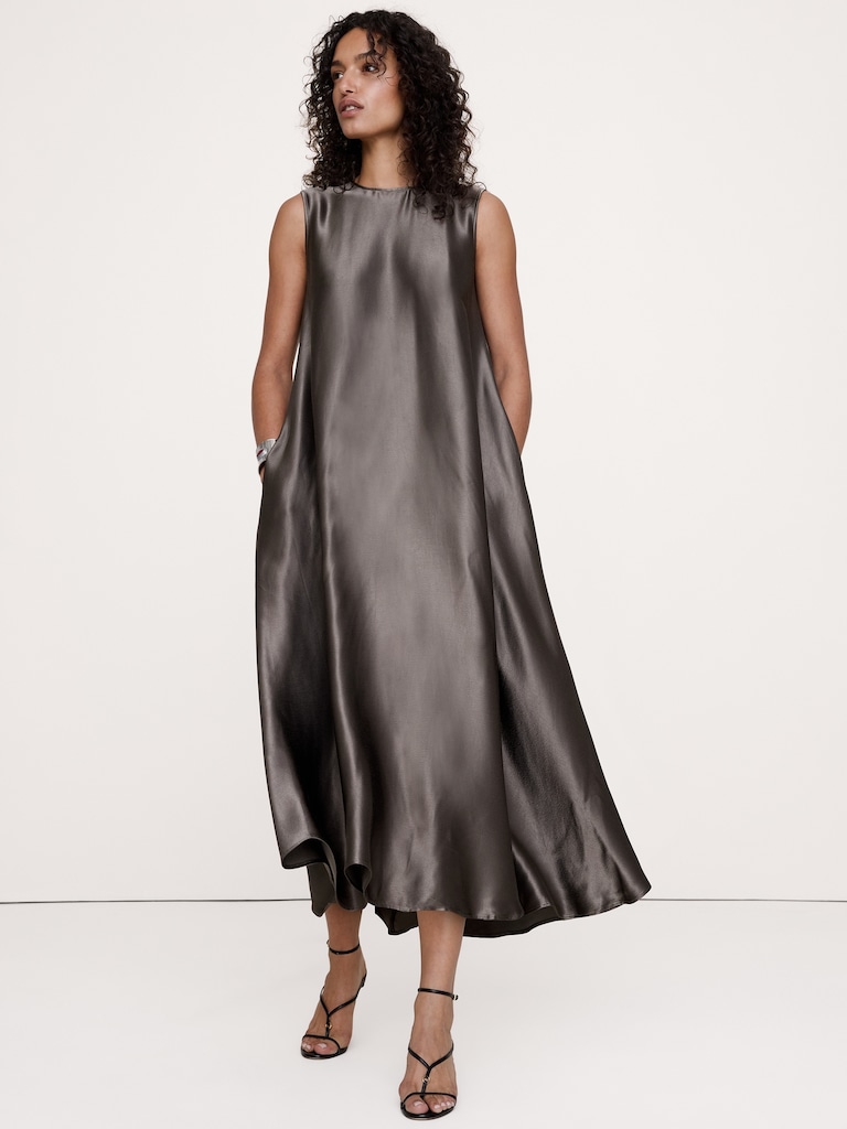 Italian Satin Sleeveless Trapeze Dress