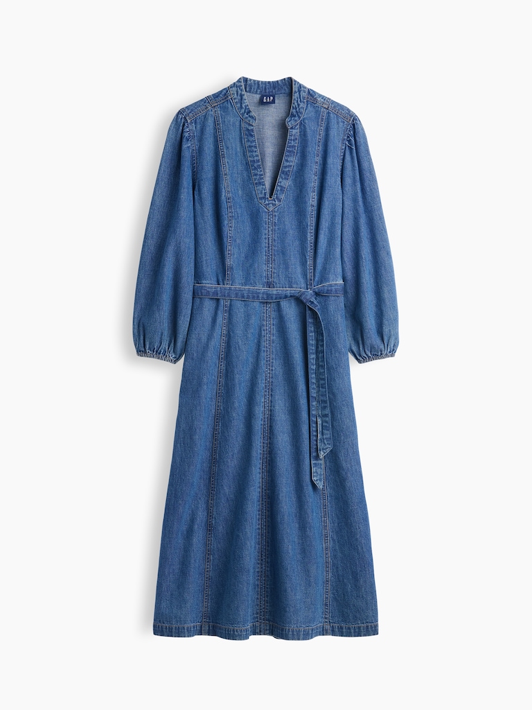 Denim Tie-Belt Midi Dress