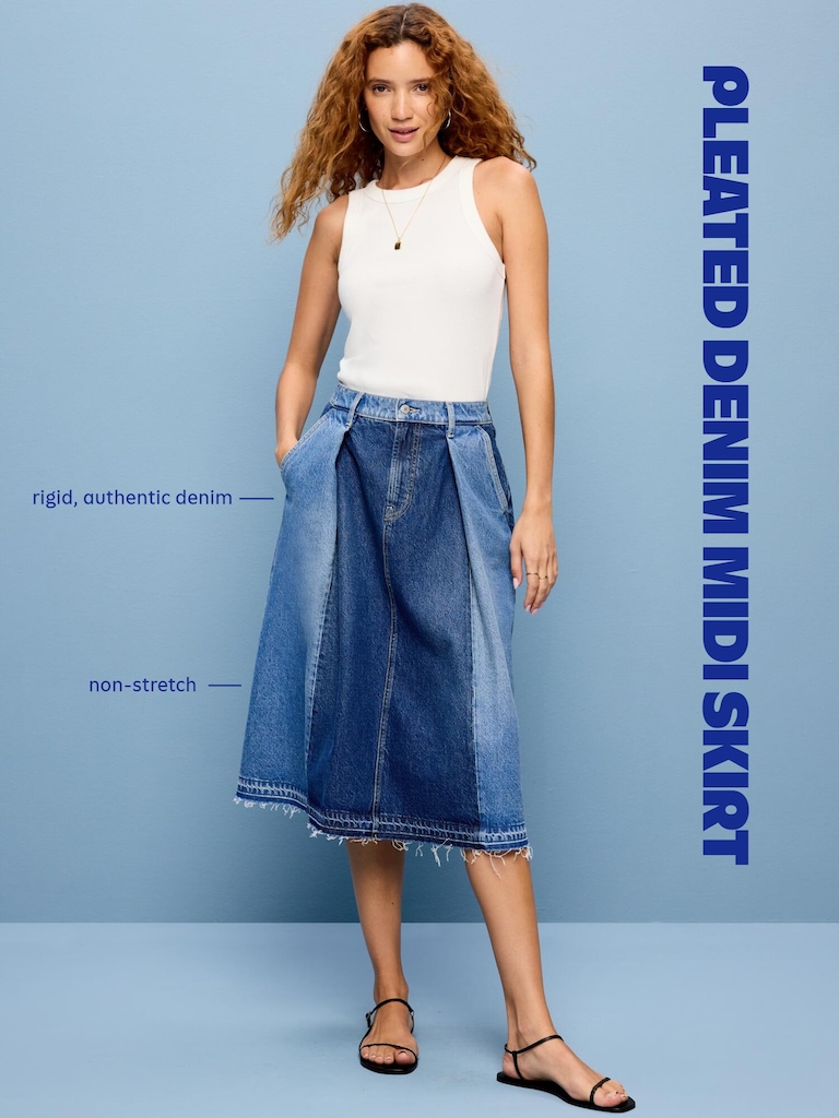 Reconstructed Pleated Denim Midi Skirt