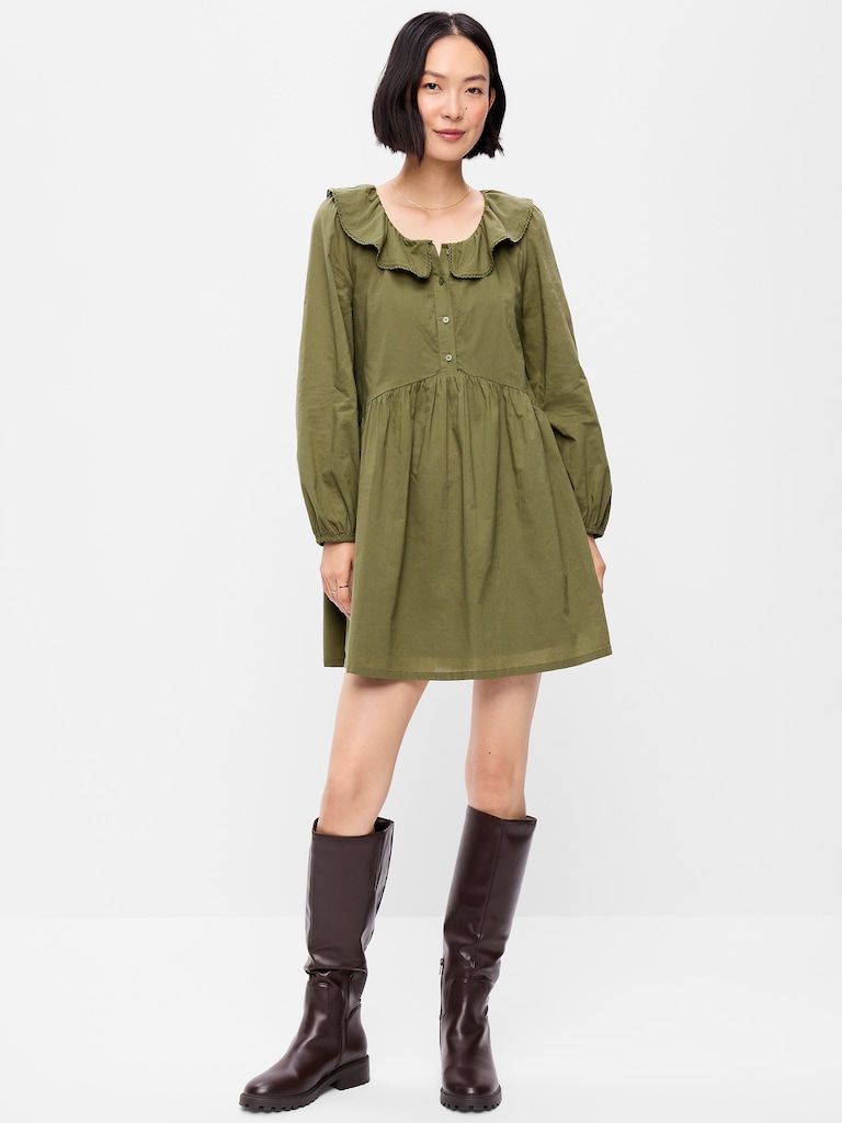 Long-Sleeve Ruffle-Collar Swing Mini Dress