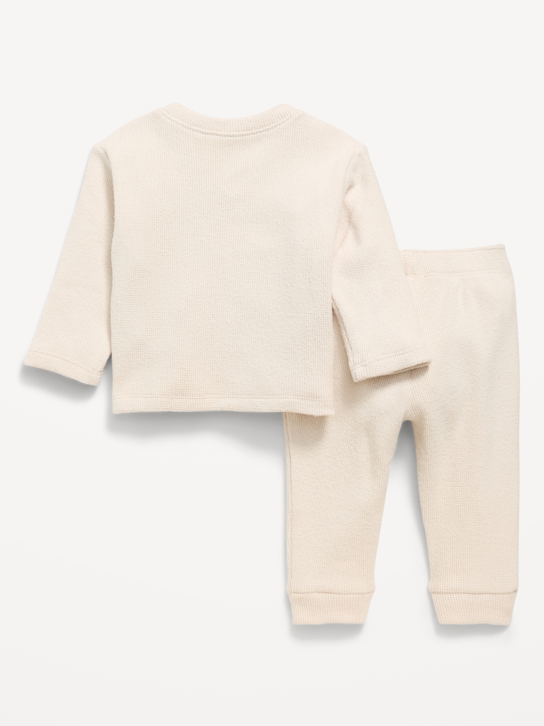 Long-Sleeve Waffle-Knit Henley Top and Pants Set for Baby
