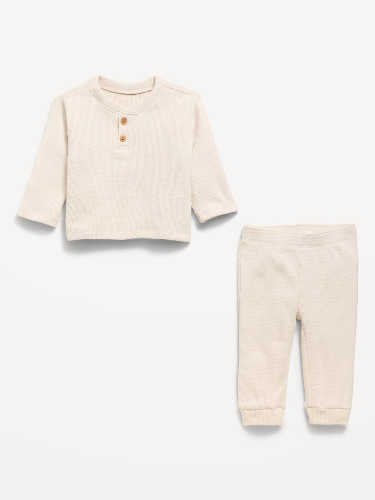 Long-Sleeve Waffle-Knit Henley Top and Pants Set for Baby