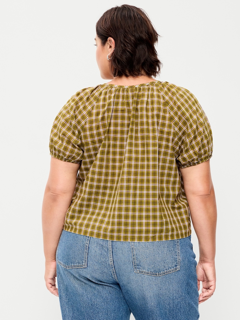 Short-Sleeve Button-Front Plaid Top