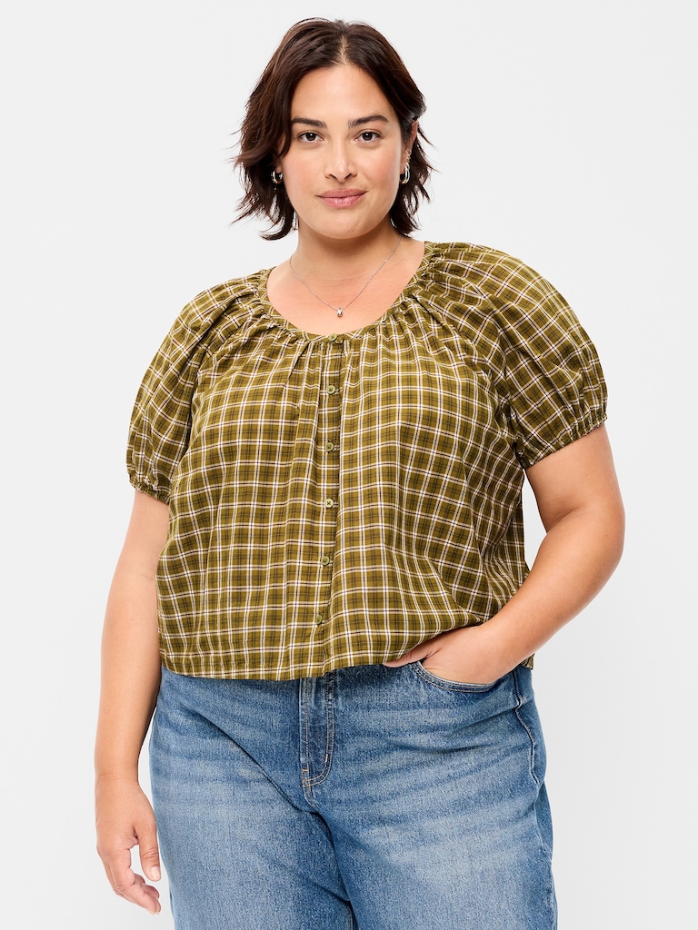 Short-Sleeve Button-Front Plaid Top