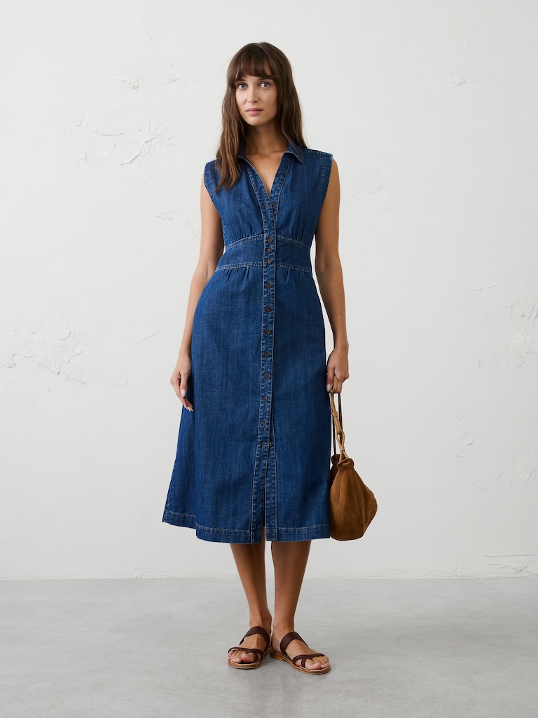 Chambray Collared Button-Down Midi Dress