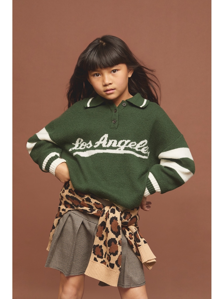 Oversized Long-Sleeve Rugby Polo Sweater for Girls