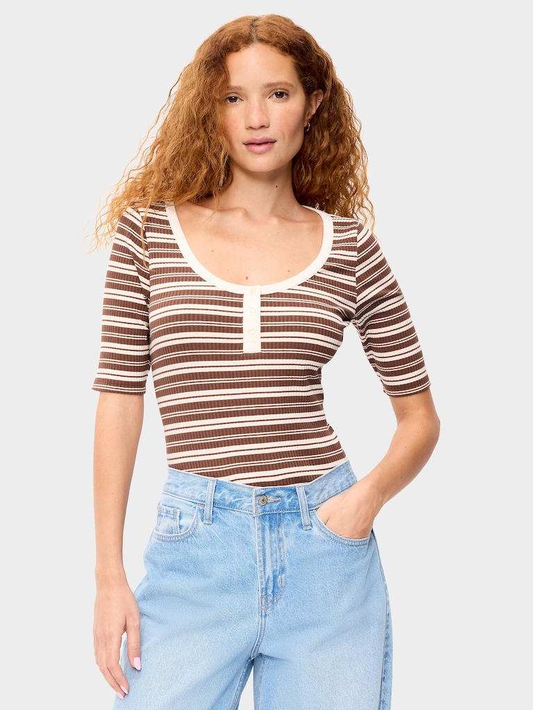 Fitted Scoop-Neck Henley T-Shirt