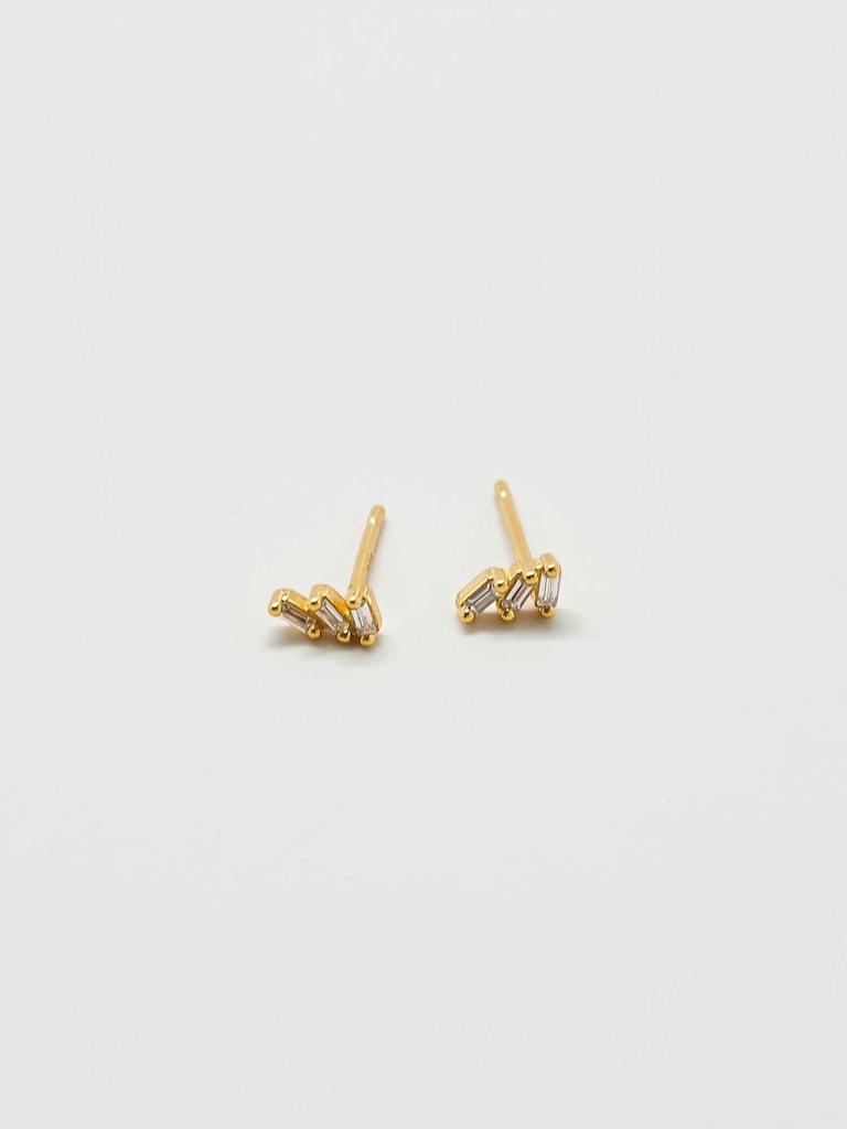 Admiral Row White Triple Baguette Gold Studs