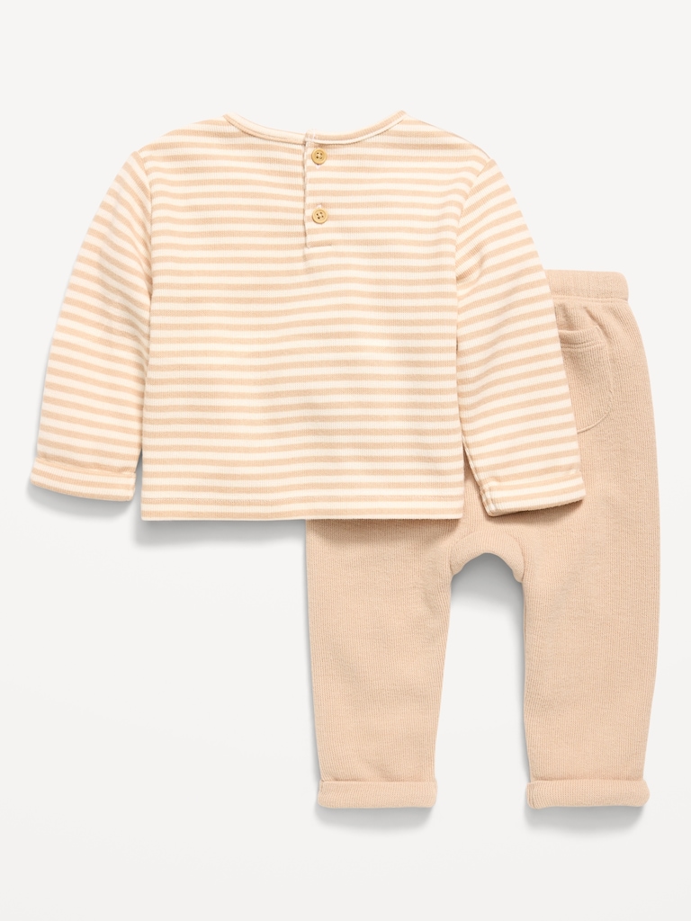Long-Sleeve Ribbed Pocket T-Shirt and Pants Set for Baby