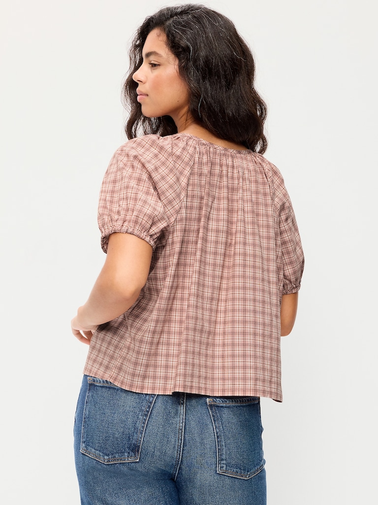 Short-Sleeve Button-Front Plaid Top