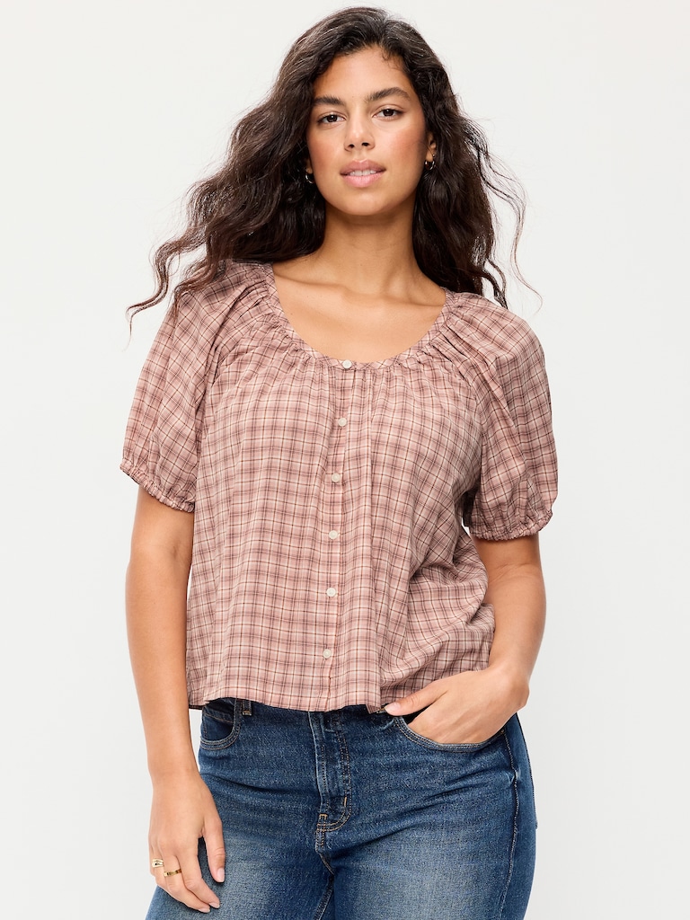 Short-Sleeve Button-Front Plaid Top