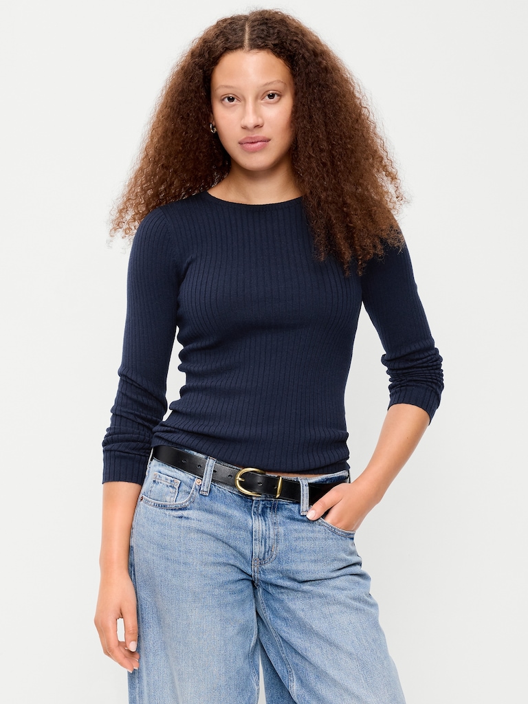 Crew-Neck Long-Sleeve Ribbed Top