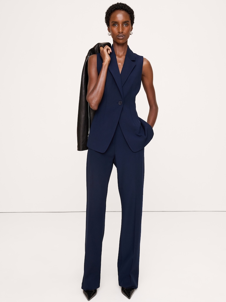 Pantalon moderne droit à taille haute en tissu urbain extensible
