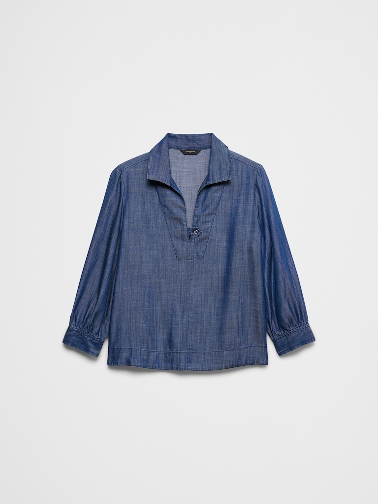 Denim Collared Tab Pullover Top