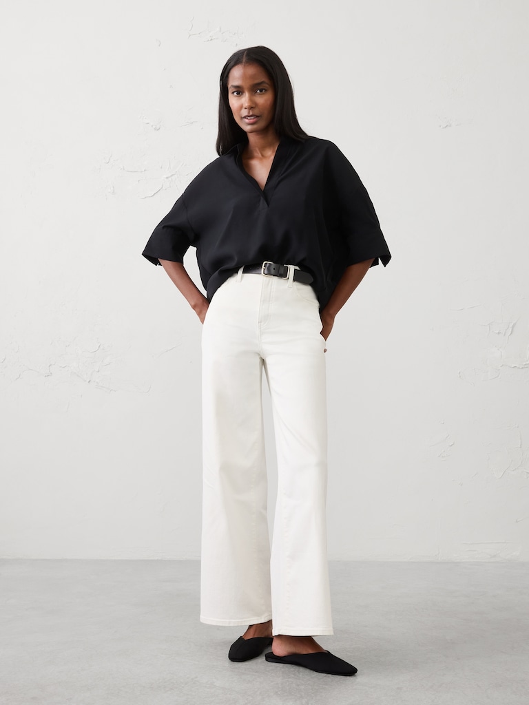 Drapey Twill Collared Popover Top