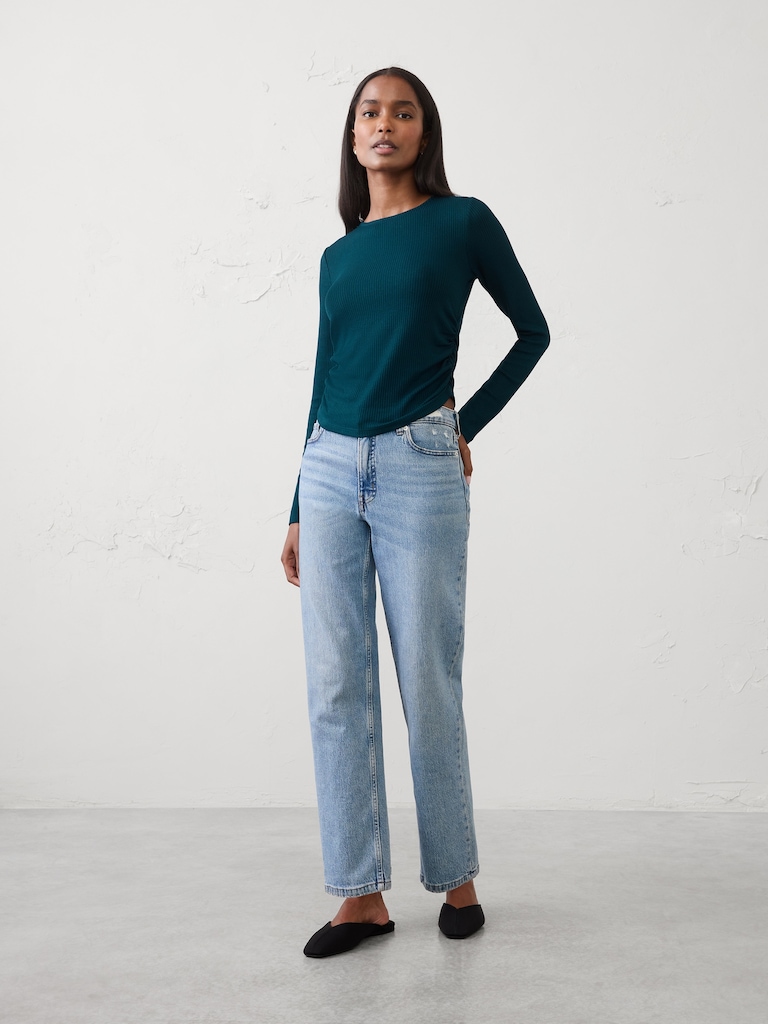 Soft Luxe Ribbed Shirred-Waist Top