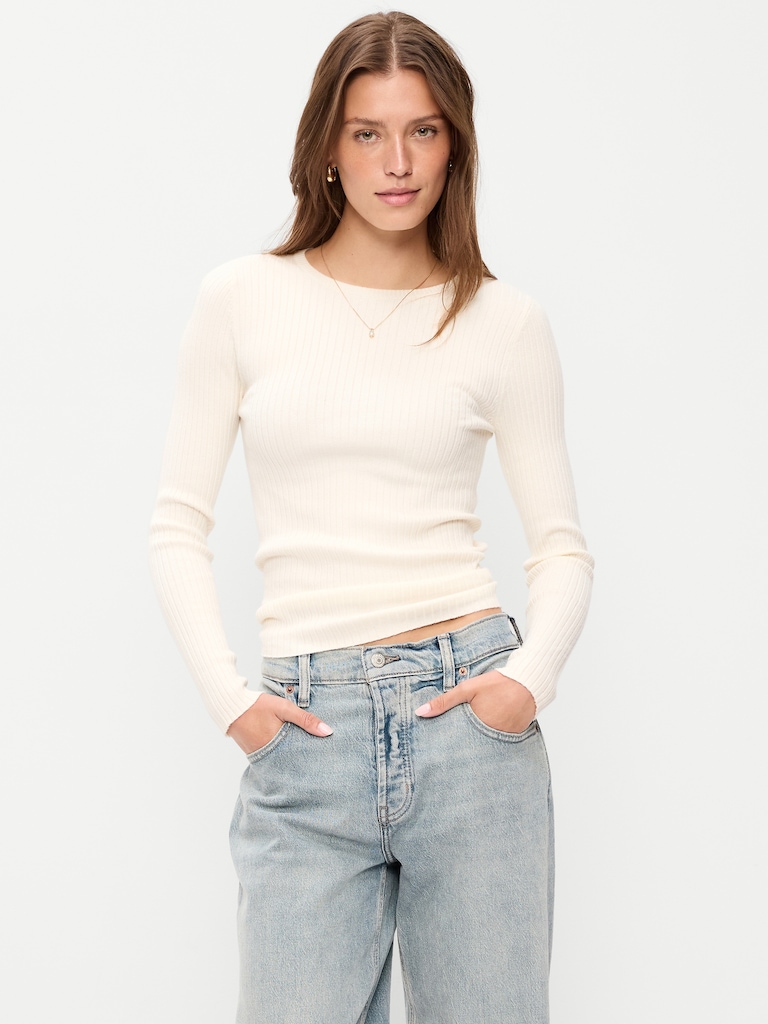 Crew-Neck Long-Sleeve Ribbed Top