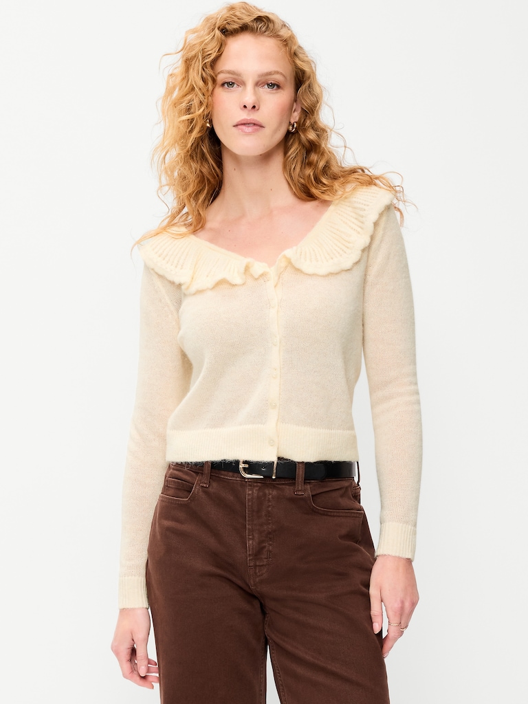 Ruffle-Collar Pointelle Cardigan