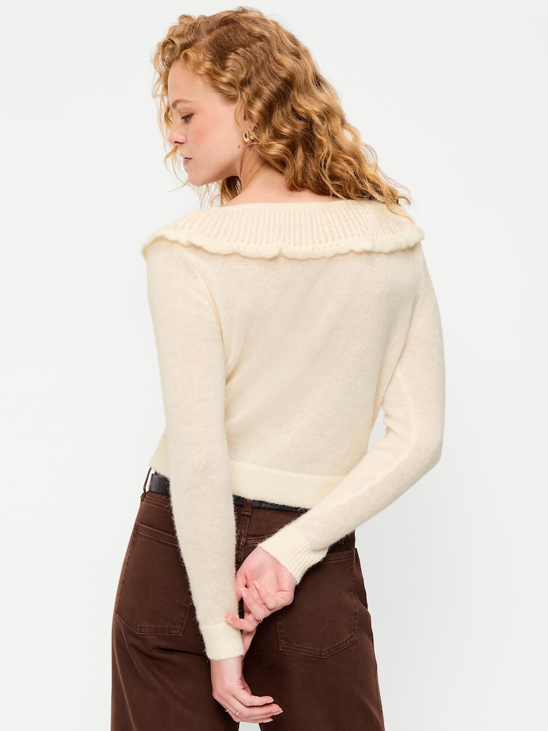 Ruffle-Collar Pointelle Cardigan