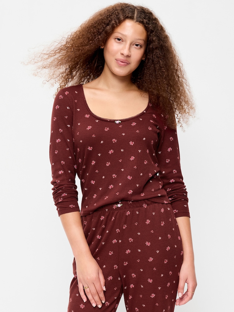 Waffle-Textured Long-Sleeve Pajama Top