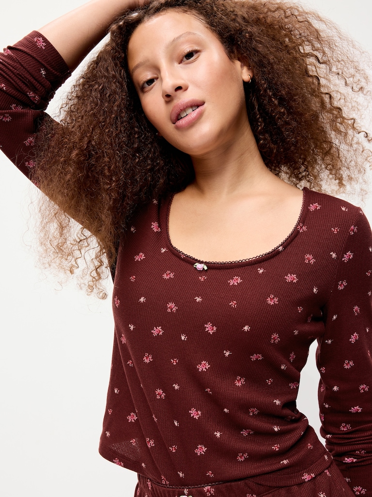 Waffle-Textured Long-Sleeve Pajama Top