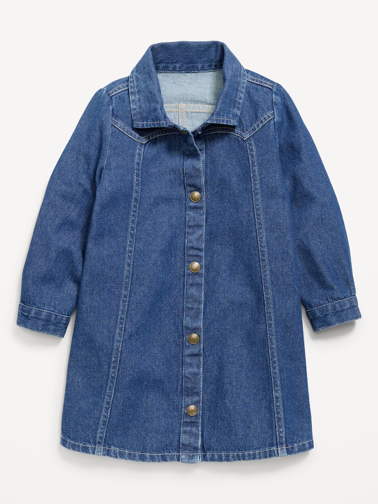 Long-Sleeve Western Denim Shirt Dress for Toddler Girls