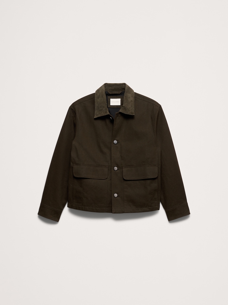 Cotton Twill Utility Jacket with Suede Collar