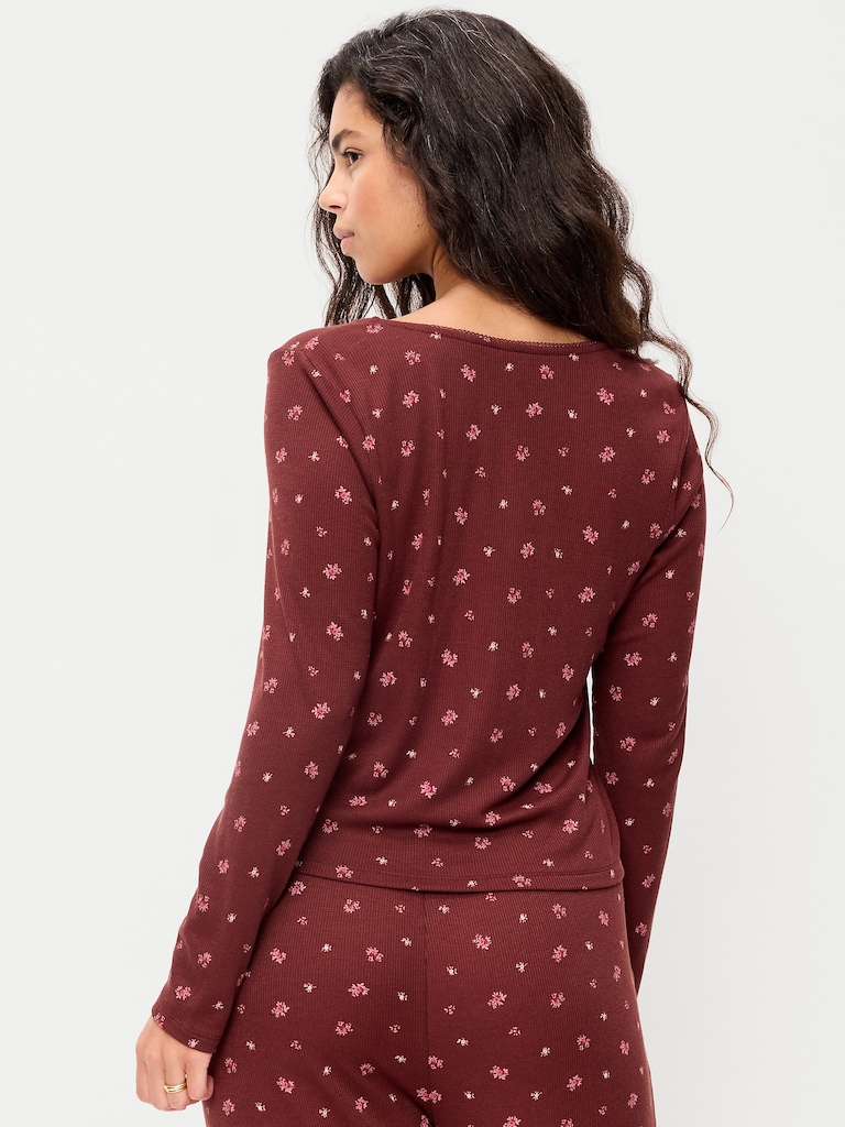 Waffle-Textured Long-Sleeve Pajama Top