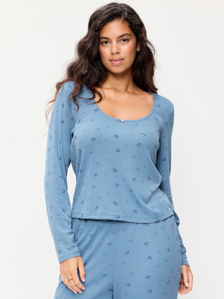 Waffle-Textured Long-Sleeve Pajama Top