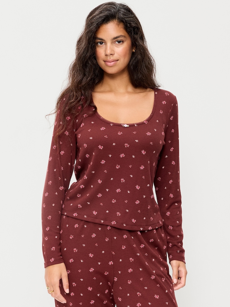 Waffle-Textured Long-Sleeve Pajama Top