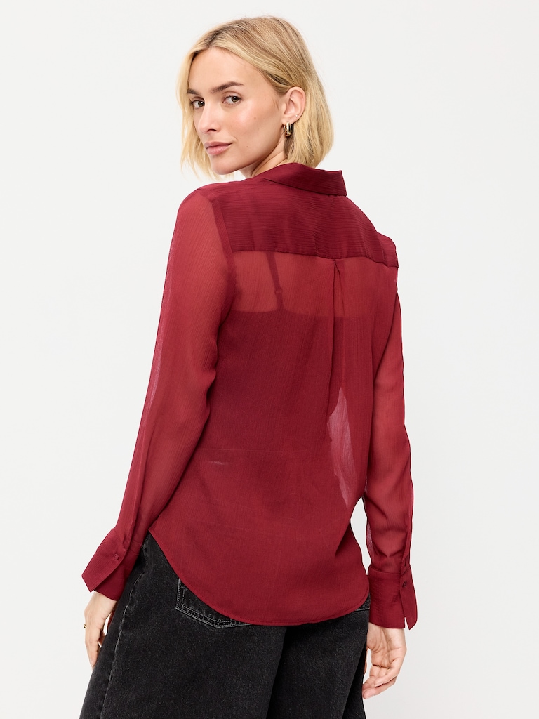 Chiffon Sheer Button-Down Shirt