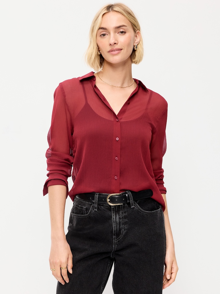 Chiffon Sheer Button-Down Shirt