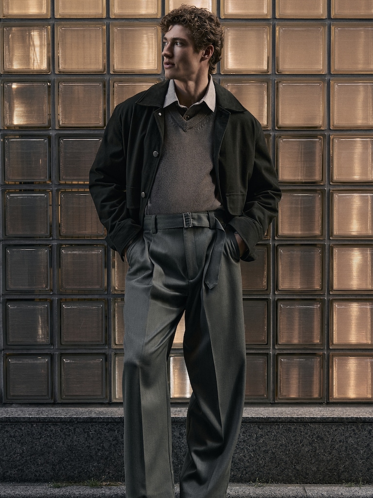 Cotton Twill Utility Jacket with Suede Collar