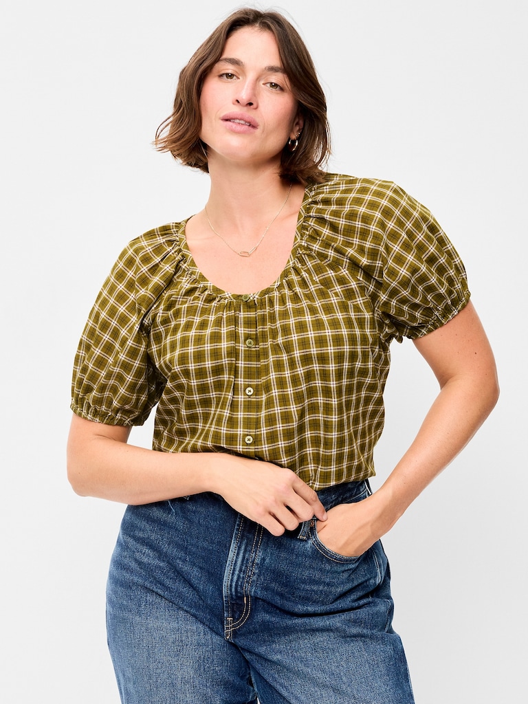 Short-Sleeve Button-Front Plaid Top