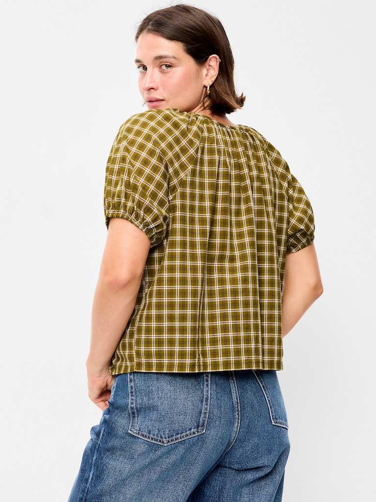 Short-Sleeve Button-Front Plaid Top