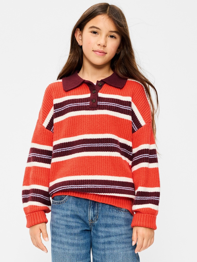 Chandail polo rugby brodé à manches longues surdimensionné pour fille