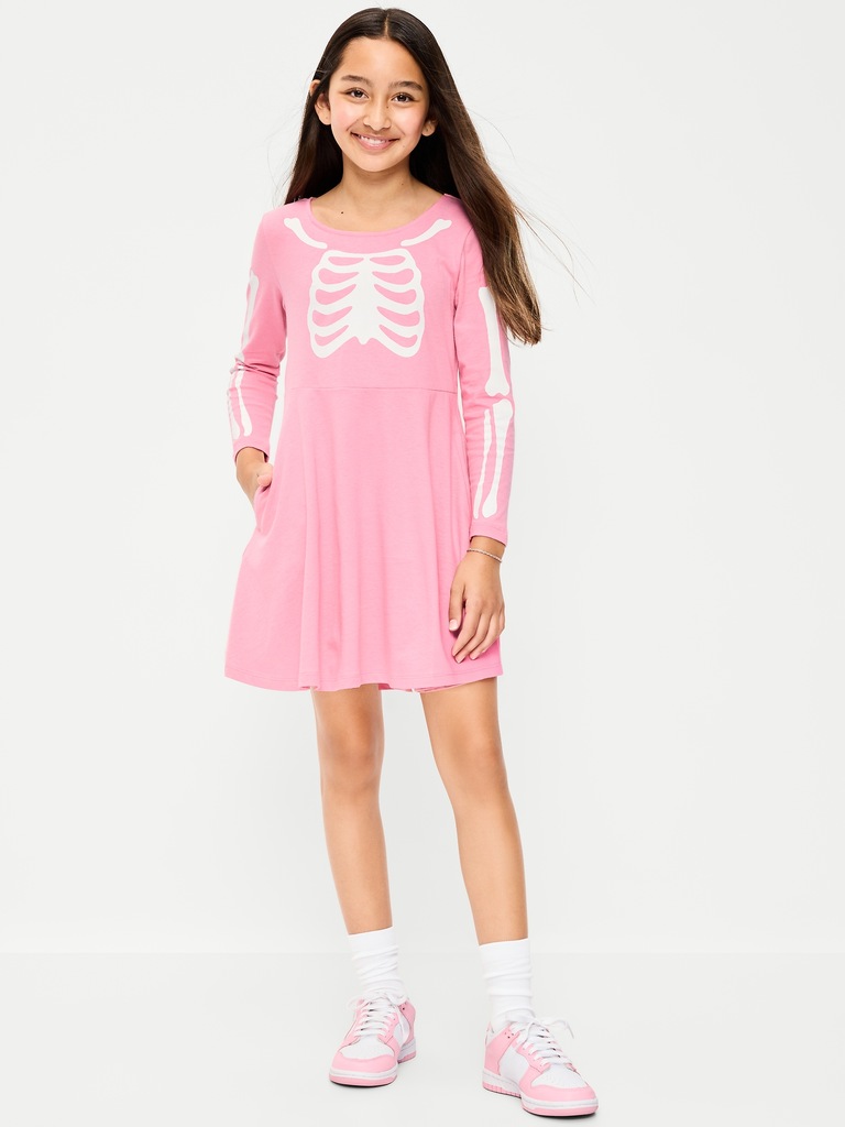 Long-Sleeve Graphic Fit and Flare Dress for Girls