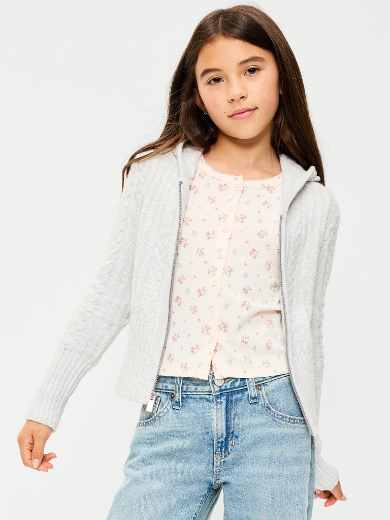 Fitted Cable-Knit Full-Zip Hoodie for Girls