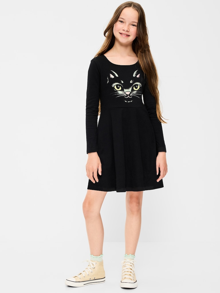 Long-Sleeve Graphic Fit and Flare Dress for Girls